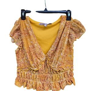 NWT Gypsies & Moondust Ladies Boho Yellow Ditsy Floral Mesh Crop Shirt Size M